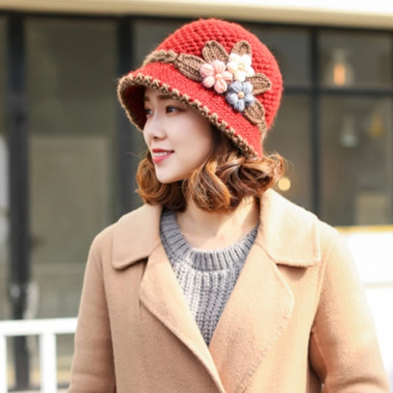 Windproof Woman Crochet Flower Hat Autumn Outdoor Fisherman Hat Teens Bucket Hat