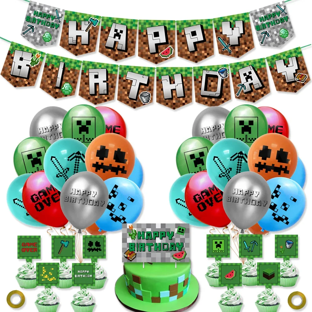 Minecrafte Theme Tableware Set Latex Balloon Game Banner Happy Birthday Party Kid Shower Favorite Decoration Diamond Sword Toy