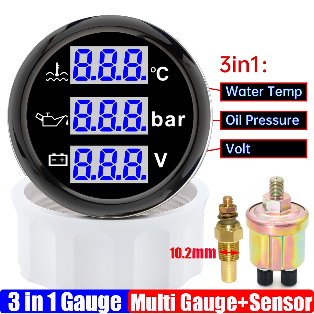 

Цифровой манометр 52 мм с синим светодиодом и сигнализацией 0–120 ℃ Датчик температуры воды + давление масла + напряжение с датчиком давления масла/датчиком температуры воды