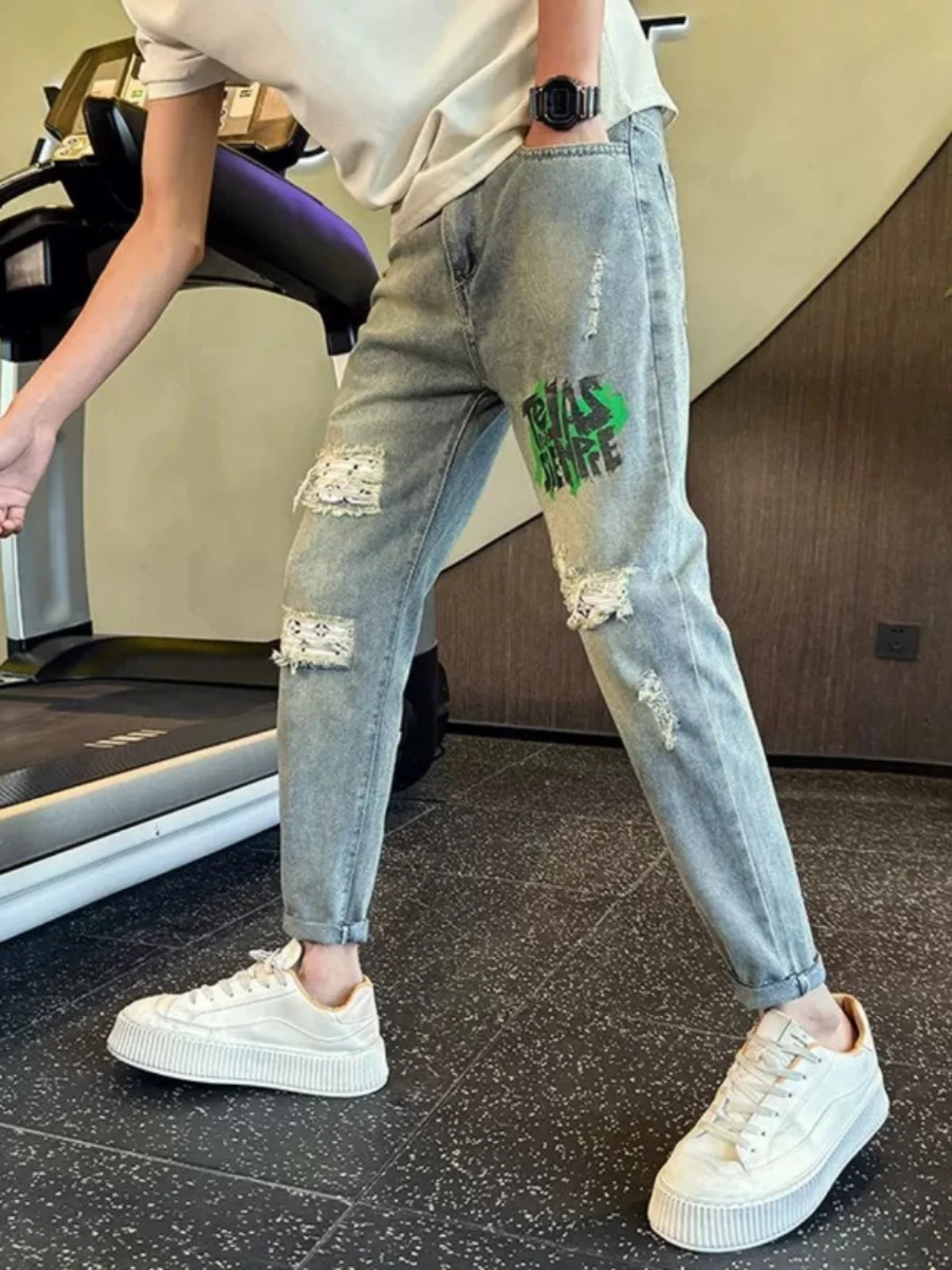 

Мужские модные джинсы-харланы, повседневная одежда, дизайн с девятью прорезями, смесь хлопка и полиэстера, микроэластичный деним, летняя одежда