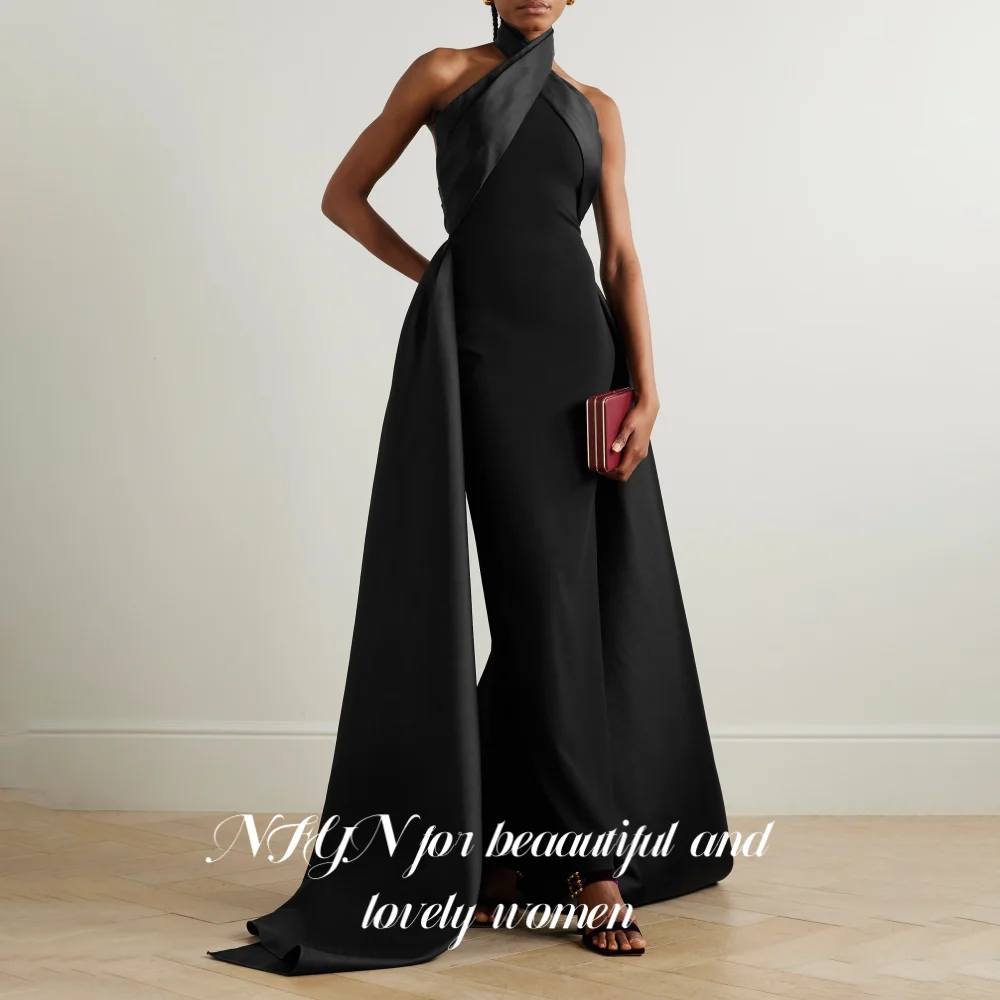 

NFYN Black Halter Special Occasion Dress Sleeveless with Pleats Satin Sexy Formal Dress Gown Trumpet Evening Dress Customized