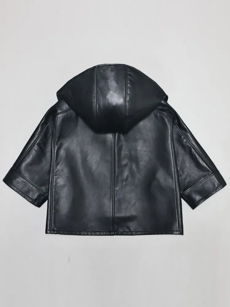 Natural Sheepskin Cape Short Coat Women Loose Fit Batwing Sleeve Casual Genuine Leather Hooded Jacket Female Black Outerwear New
