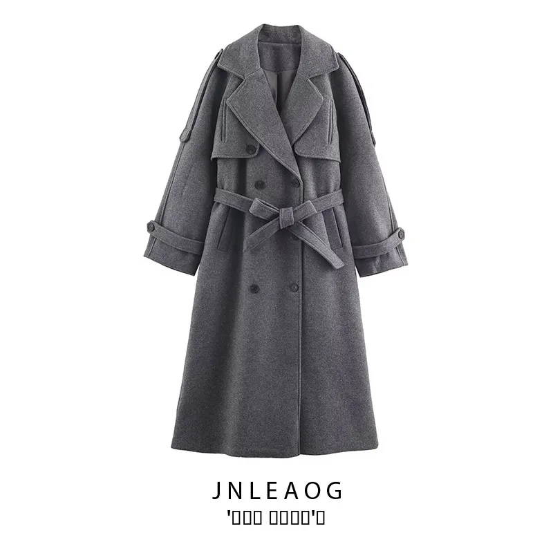 

Faionable Women's Coat with Double Flap And Belt Loop JNLEAOG Autumn New Sle Street Sle Long Sve Polyester Fiber
