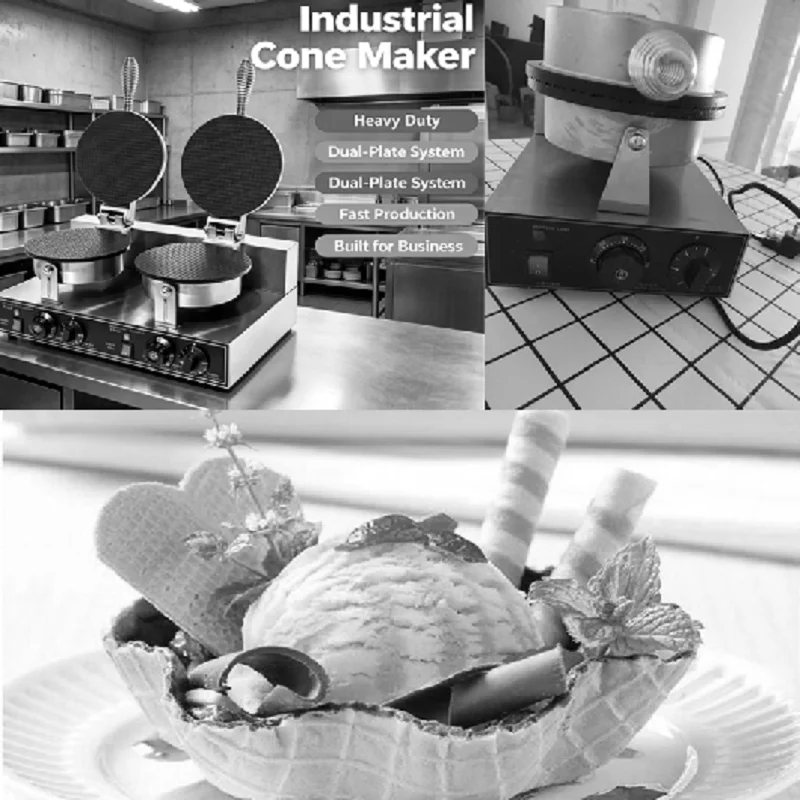 Commercial Snack Machine Waffle Cone Maker for Ice Cream Crispy Skin Electric Crispy Machine 2-Plate Cone Baker