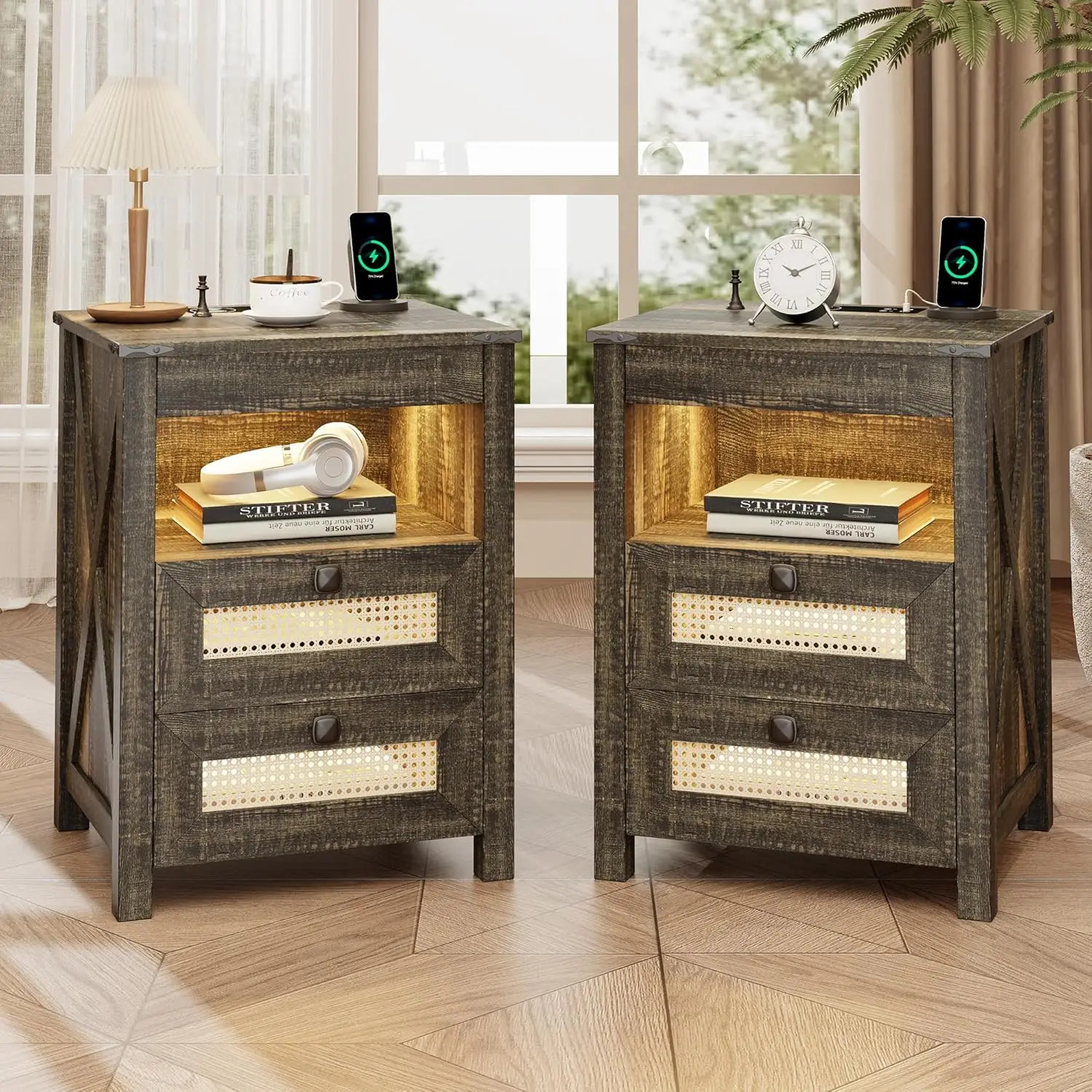 Rustic Night Stand Set 2 with Gun Drawer Bedside Table with Charging Station LED End Table with Human Sensor Light