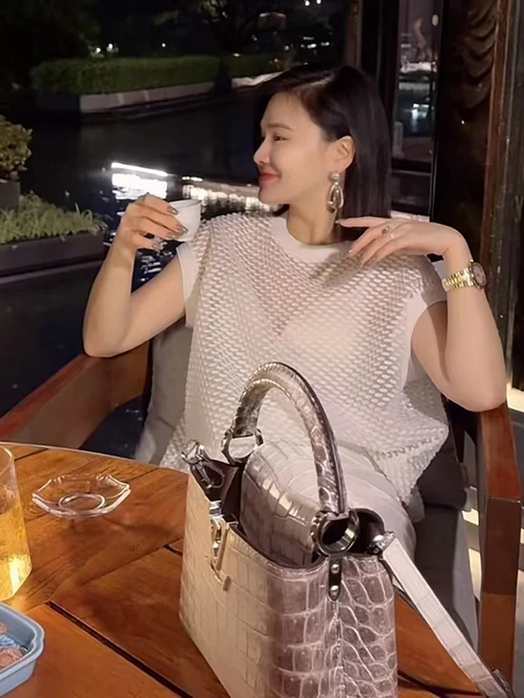 

Шелковая футболка Yuan Ling с круглым вырезом и коротким рукавом, универсальный простой дизайн, с объемной вышивкой, для летних поездок на работу, прямой крой.