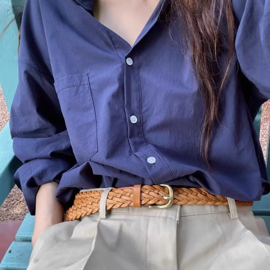 2026 New Retro Polo Neck Long Sleeve Shirt Women Loose Mid-Length Versatile Pure Cotton Blouse