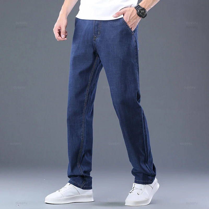 MINGYU Brand Summer Thin Men's Jeans Cotton Classic Business Straight Denim Pants Blue Black Work Trousers Male Plus Size 28-40