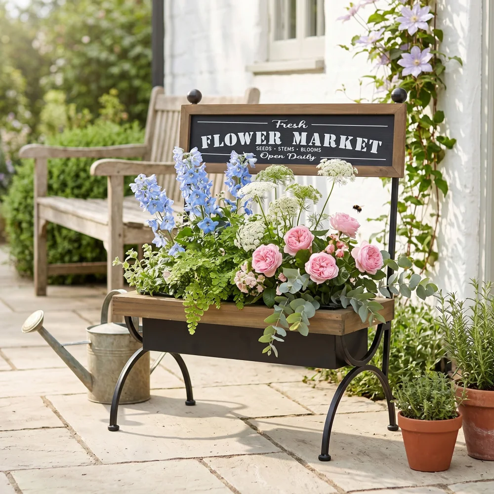 Vintage Style Rural Brown Wooden Flowerpot Rack with Black Iron Frame Made of High-quality Iron and Sturdy Fir Wood, Durable, Stable and Reliable, Easy To Maintain, Seamlessly Integrated Into Any Environment
