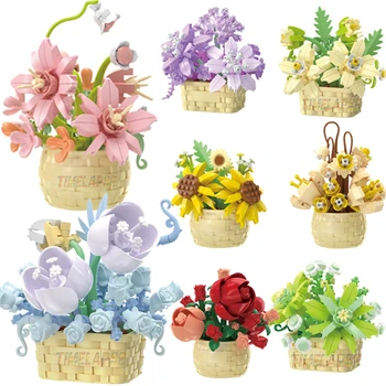 DIY MOC Potted Rose Sunflower พืช Succulents สวนต้นไม้บอนไซโ...