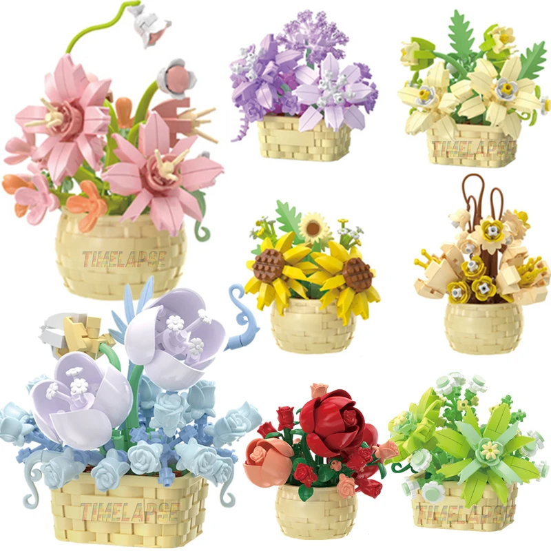 DIY MOC Potted Rose Sunflower พืช Succulents สวนต้นไม้บอนไซโรแมนติก Building Blocks อิฐเด็กชุดของเล่น