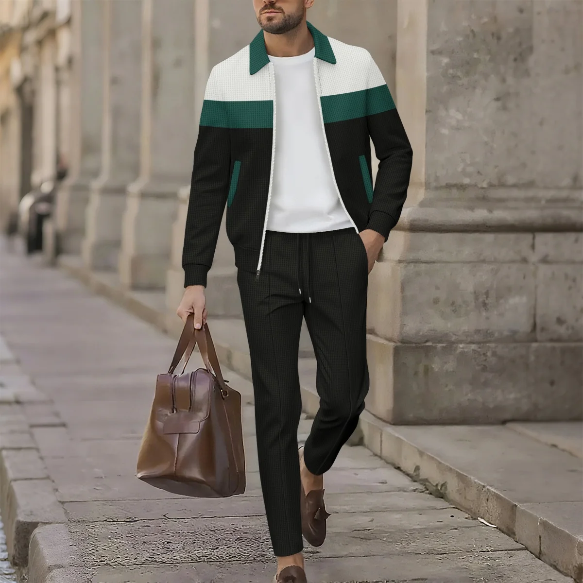 Men's Spring-Autumn Casual Zipper Jacket And Pants Set Fashionable Sporty Street-Appropriate Long-Sleeved Two-Piece Outfit