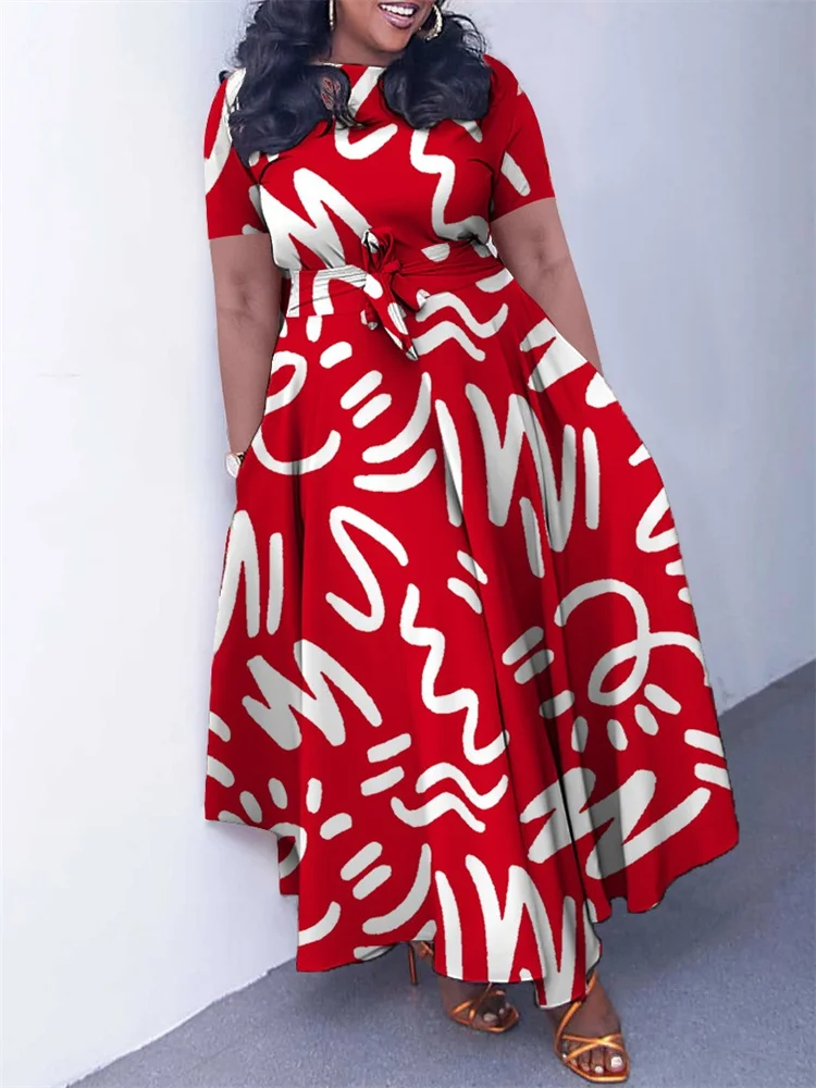 Wmstar Dresses Women Plus Size Elegant Vintage Short Sleeve Summer Print Maxi Dress with Bandage Wholesale Dropshipping 2024