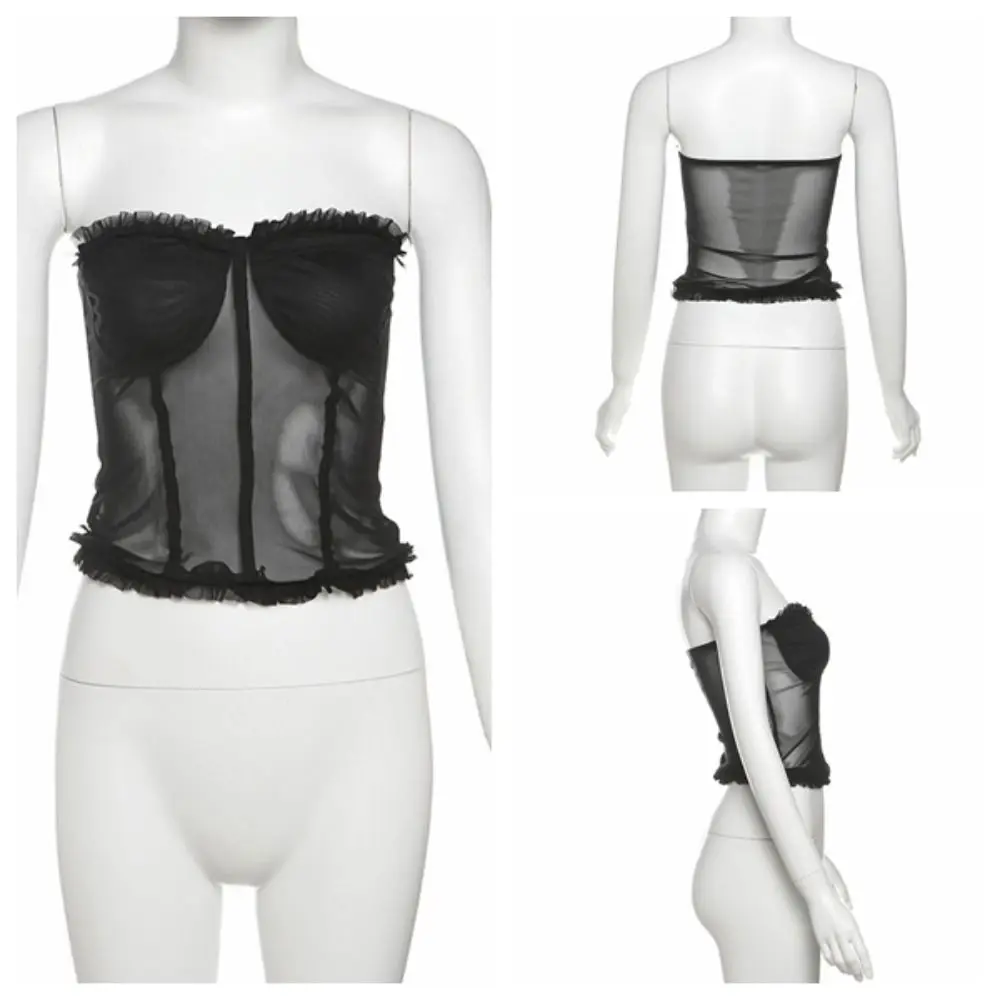 

Elegant Sleeveless Lace Camisole Tank Bottoming Shirt Slim Crop Tops Wrap Chest Ruffle Women Mesh Corset Ladies