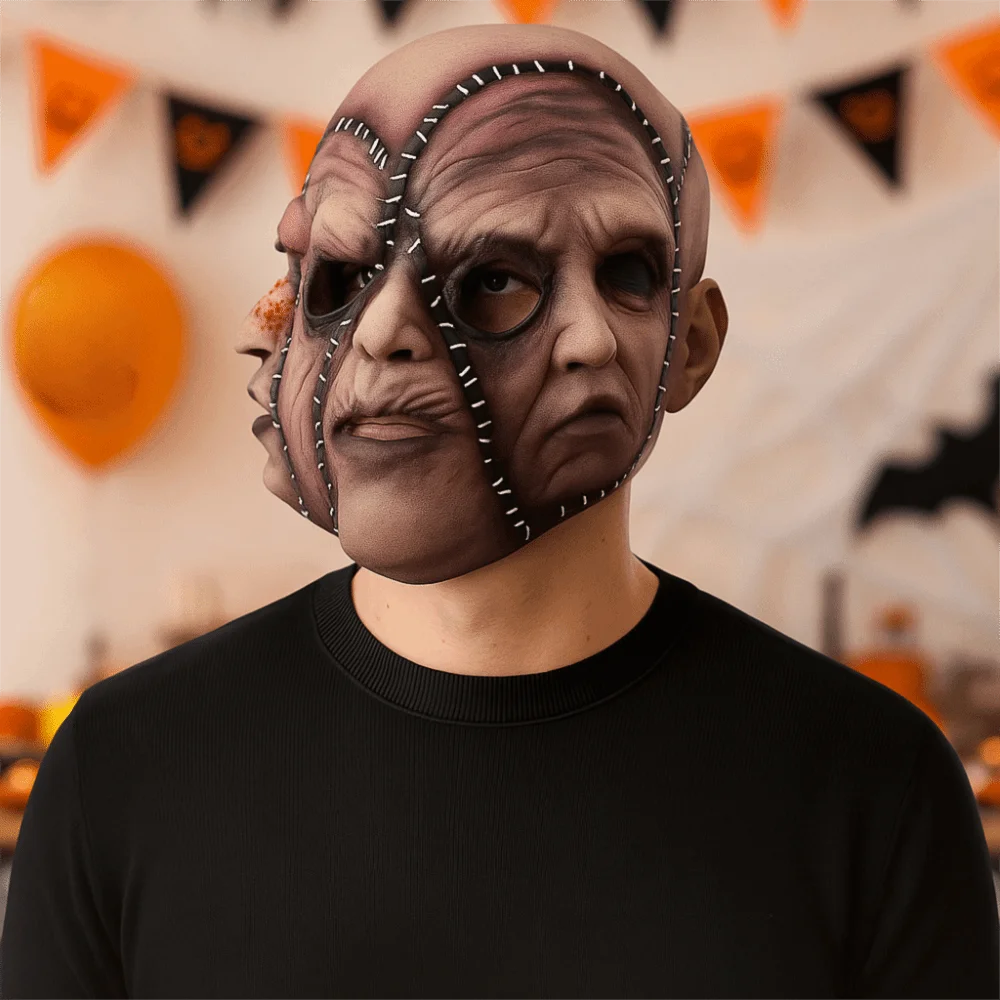 

Funny Latex Three-Sided Scar Human Face Soft Universal Halloween Scary Mask Realistic Stitched Human Face Mask Performance Prop