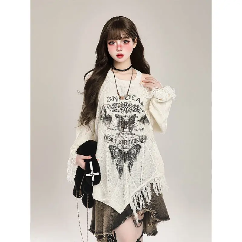 Irregular Butterfly Ripped Off Shoulder Sweater Women's Lazy Style Off Shoulder Design Loose Long Sleeved Knitted Top