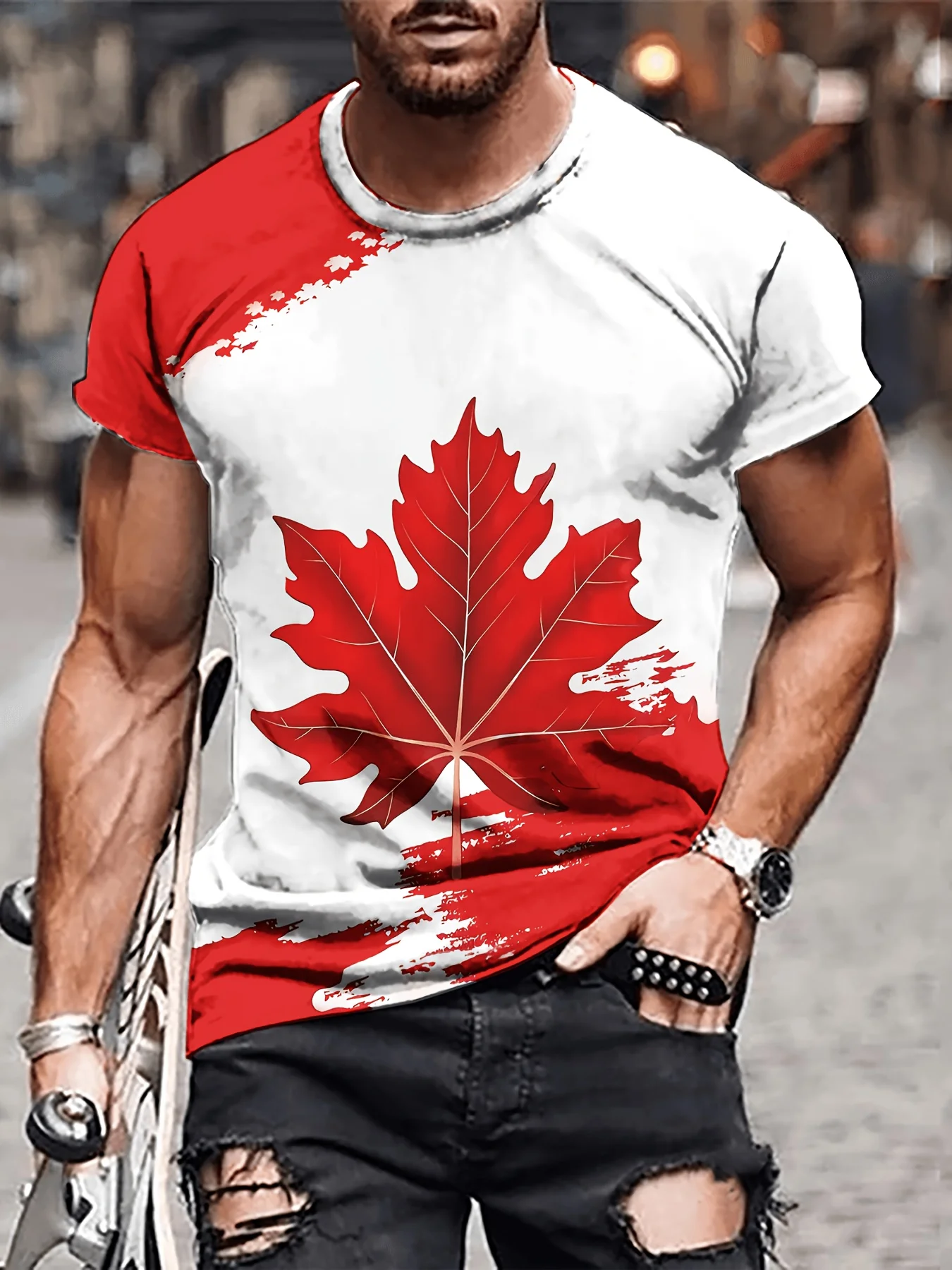 

Men's 3D Printed Fashionable T-shirt Casual Round Neck Maple Leaf Pattern
