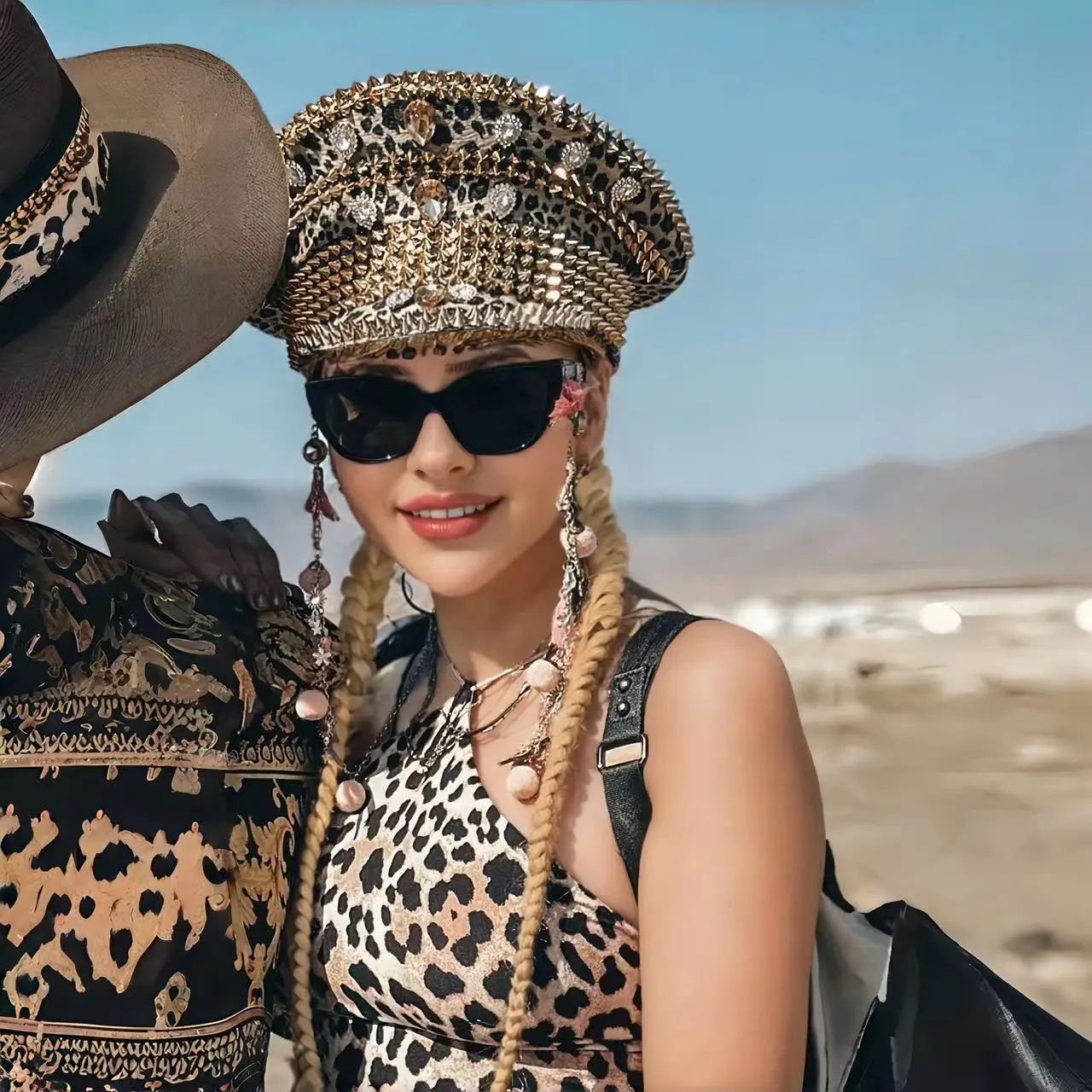 

HongLuan Leopard Steampunk Captain Hat Rhinestone for Burningman Festival Woman, Military Assessories & Military Cap for Man