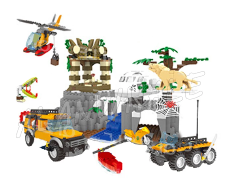 917pcs City Jungle Exploration Site Plane Temple Heavy Observation Truck Kayak 10712 Building Block Toys Compatible With Model