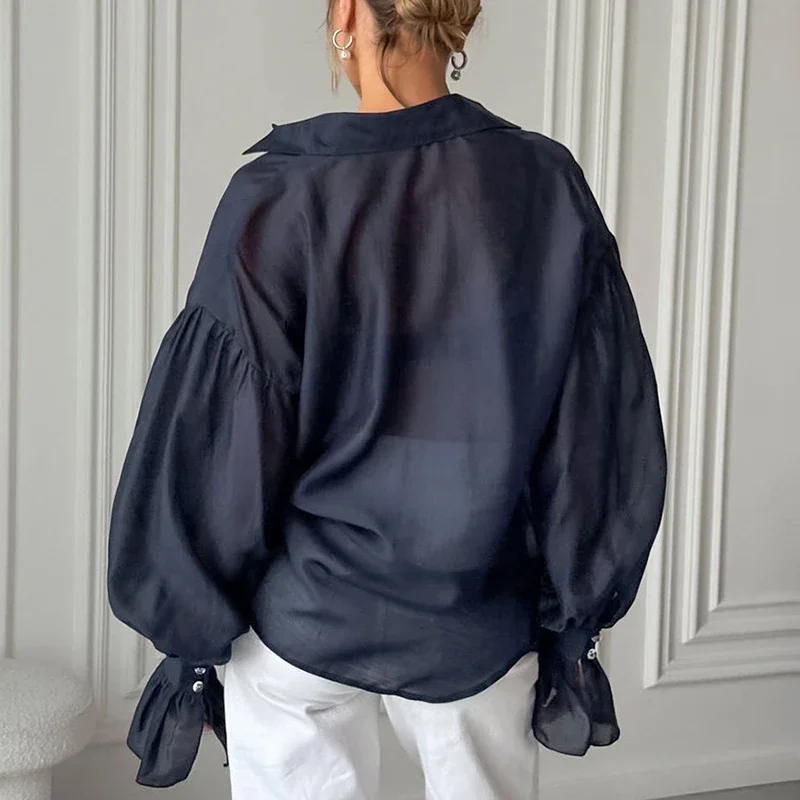 Fmxires Commuting Long Sleeve Shirt Female Sexy See Through Flare Sleeve Casual Loose Blouses Lapel Buttons Shirt Summer Fashion