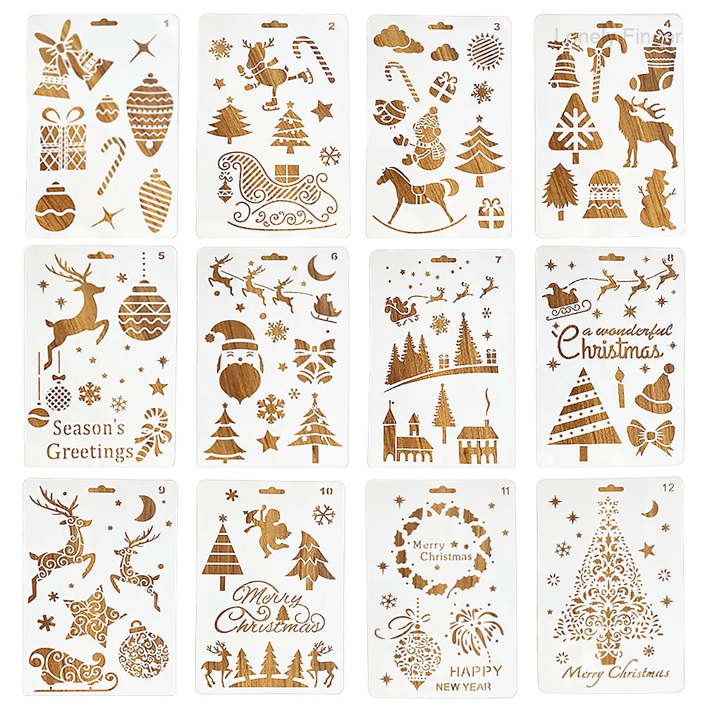 12 Stück Weihnachtsschablonen zum Malen auf Holz, wiederverwendbar, wiederverwendbare Schablone zum Basteln, Ornament, Farbvorlage, Schablonen für die Wand