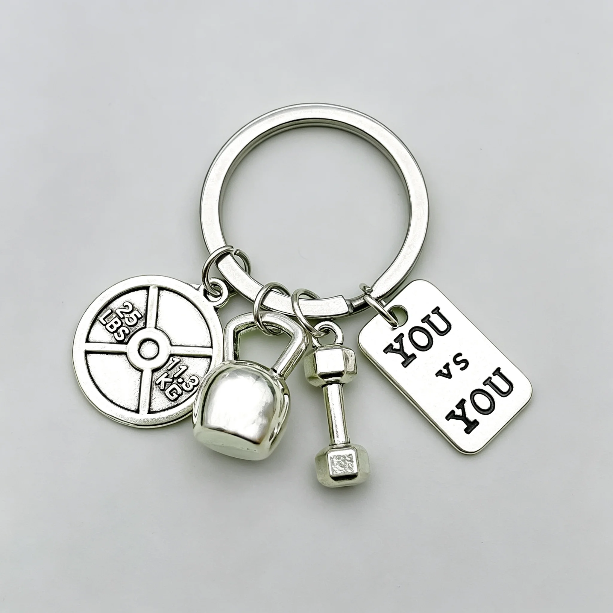 Fitness-Schlüsselanhänger, Metall-Gewichtsscheibe, Kettlebell, Hantel-Anhänger, inspirierender Buchstabenanhänger, Geschenk für Fitnessliebhaber, Schlüsselring für Auto, Tasche, Sport – Detail 2