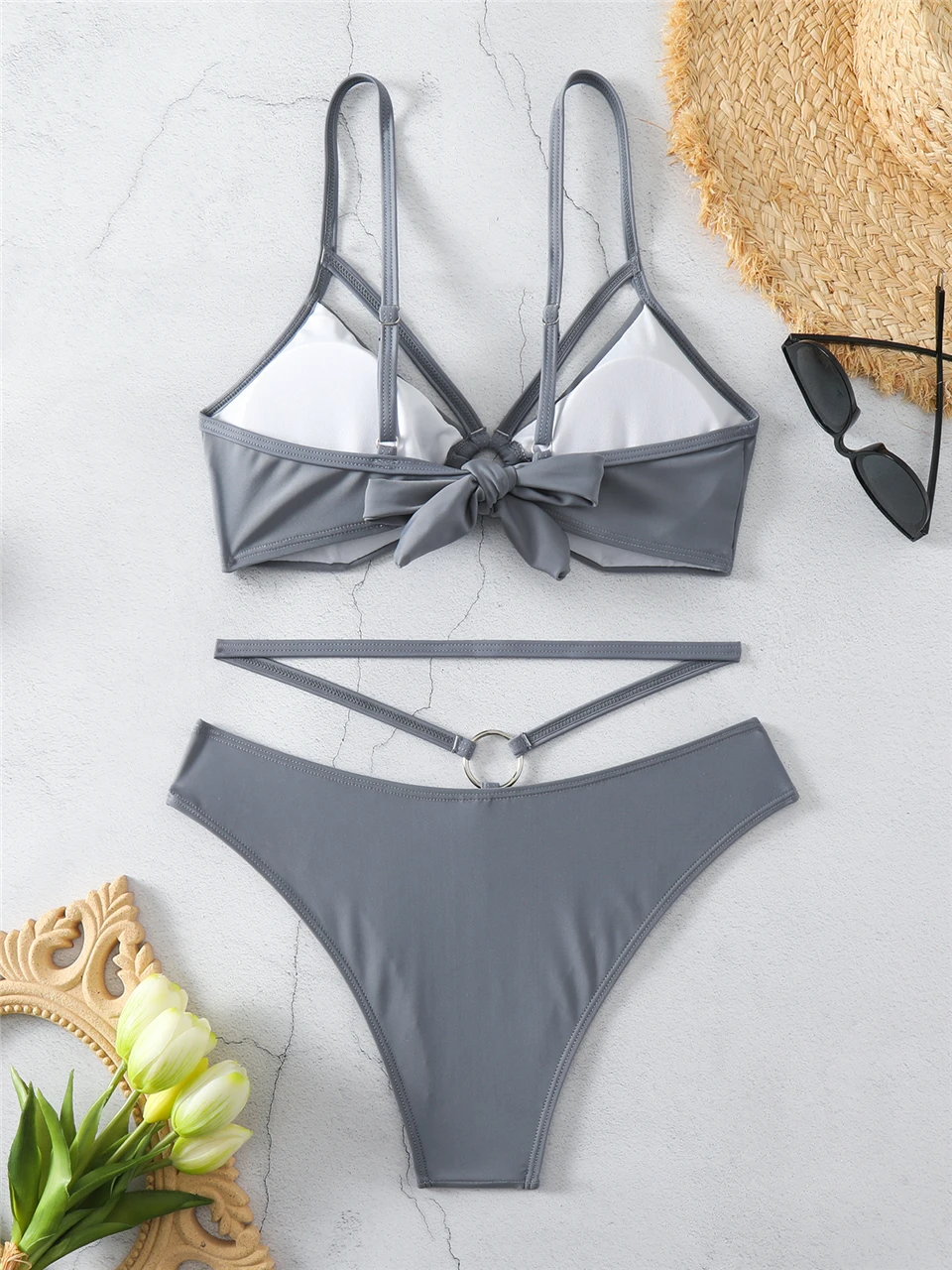 Ring Link Bikini 2024 Women Shoulder Strap Swimwear Lady Sexy Solid Swimsuit Summer Beachwear Lady Bathers Bathing Swimming Suit