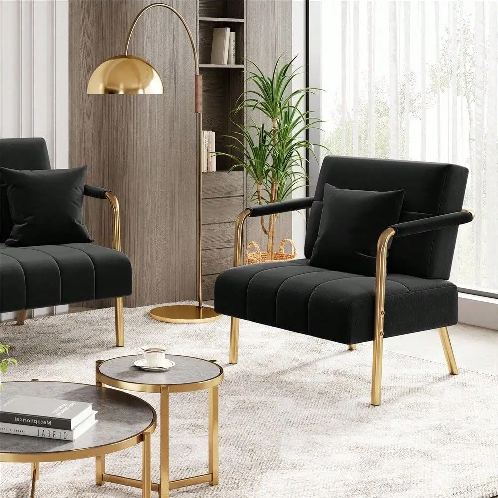 1pc Upholstered Accent Chair Modern Velvet Chair With Golden Metal Legs Cozy Pillow, Leisure Arm Chair For Home Office