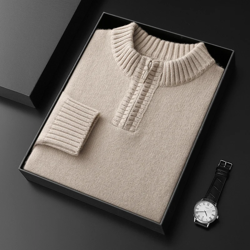 CHICUU Autumn Winter Thick Men's 100% Cashmere Sweater Mock Neck Zipper Pullover Smart Casual Long Sleeve Cashmere Knitwear  Top