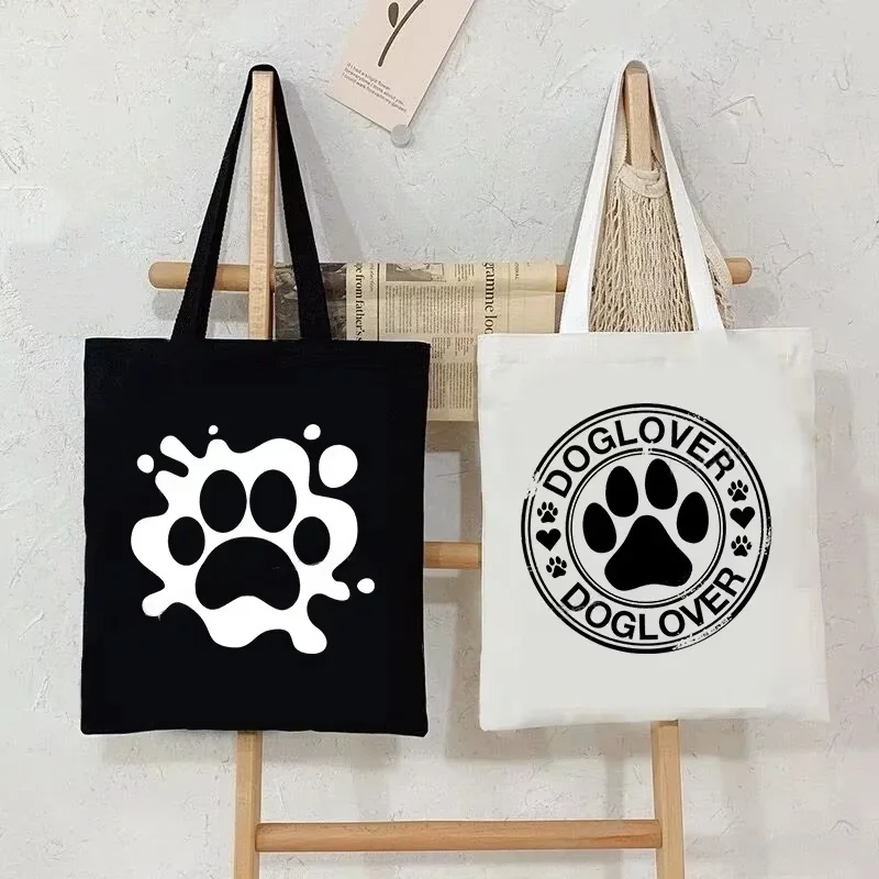 

Cartoon Plant Style Dog Paw Canvas Tote Bag Women Men Peace Love Dogs Pattern Handbags Fashion Casual Dogs Lover Shoulder Bag