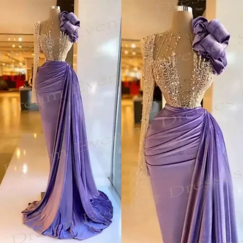 Graceful Purple Mermaid Exquisite Evening Dresses Generous Long Sleeve Sequined Crystal Prom Gowns Vestidos De Noche Elegantes