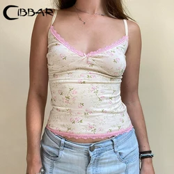 CIBBAR Cute Floral Print Camis Sweet Lace Stitching senza maniche Slim-fitting Cropped Top Y2k estetica Ladies Summer Kawaii Tees