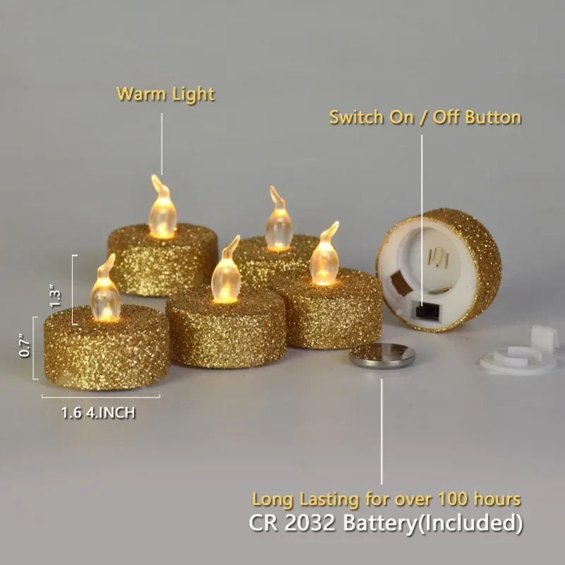 Bougies LED sans flamme en poudre d'or en plastique créatif, décorations de Noël, décoration d'intérieur, lumières électroniques, 12 pièces par paquet