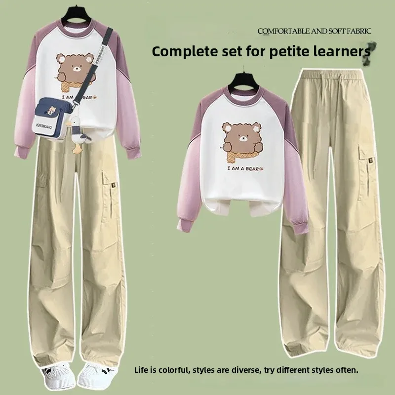 Spring Autumn Color Block Hoodie Casual Set Women's Small Size Student Korean Style Autumn Clothes College Style Two Piece Set