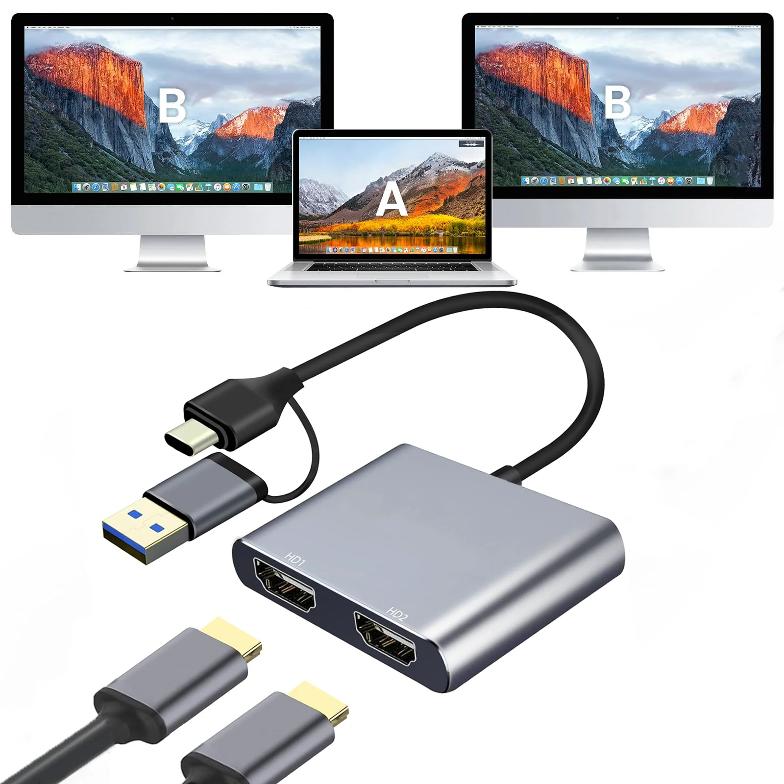 

USB 3.0 to Dual 1080P HD Display Converter Two Same Screen Extender Adapter Compatible with Windows7/8/10 MACOS Laptop Desktop