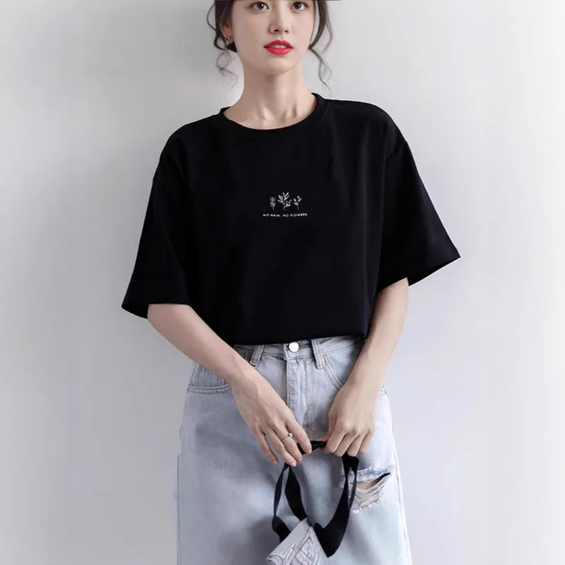 Women T-Shirt Summer Printed Short Sleeve T-Shirt New Loose Round Neck Top Straight Shoulder Solid Color Casual Student T-Shirt