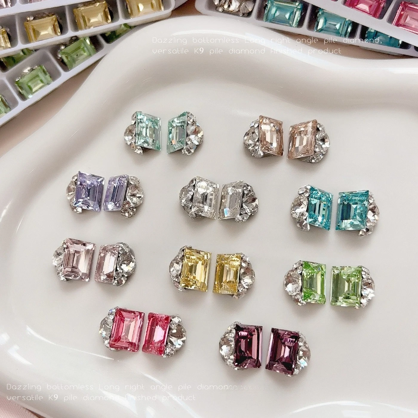 5Pcs Rectangular Stack Nail Charms, shiny frameless K9 rose pink blue handmade crystal beads for DIY press-on manicure decor