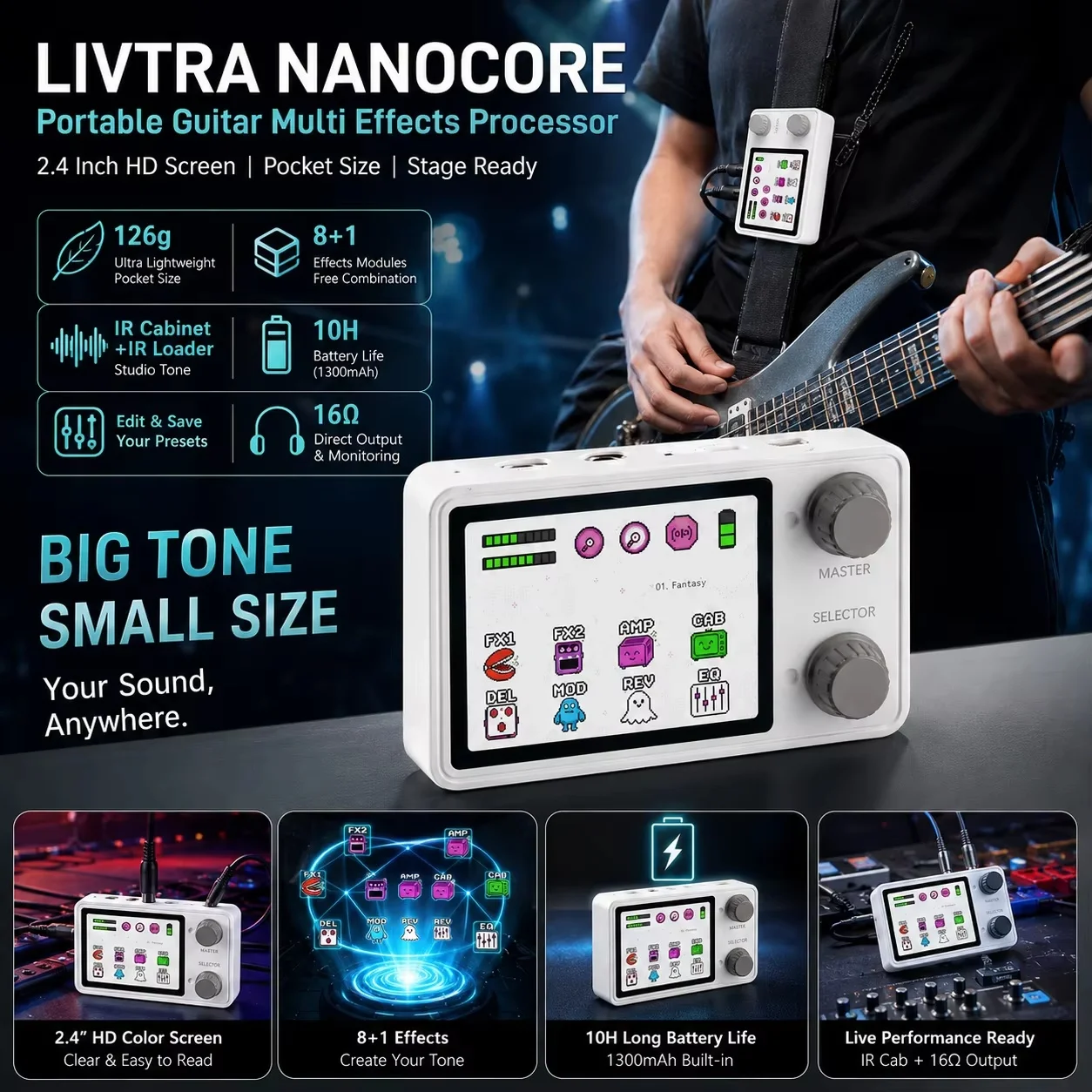 LIVTRA NANOCORE Portable Guitar Multi Effects Processor 2 4 Inch Screen Pocket Music Effector For Music Performance