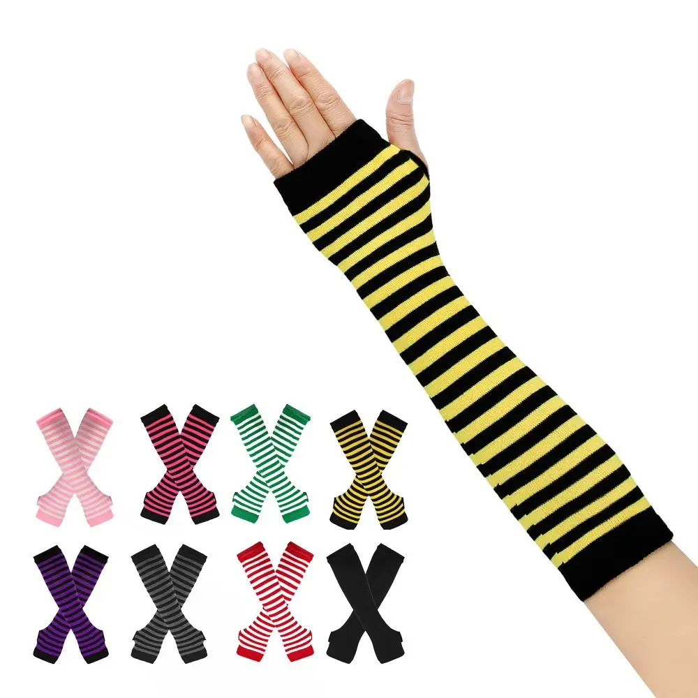 Classic Soft Fingerless Long Glove Arm Cover Long Sleeve Elbow Mitten Striped Cool Stretch Gloves Winter Season