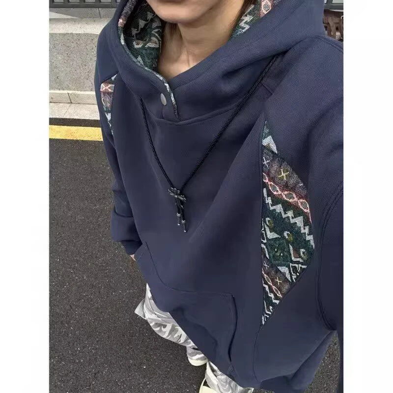 2026 Fall Couple Ethnic Geometric Spliced Hooded Sweatshirt Men Heavy Stiff American Retro Loose Pocket Streetwear Hoodie Jacket