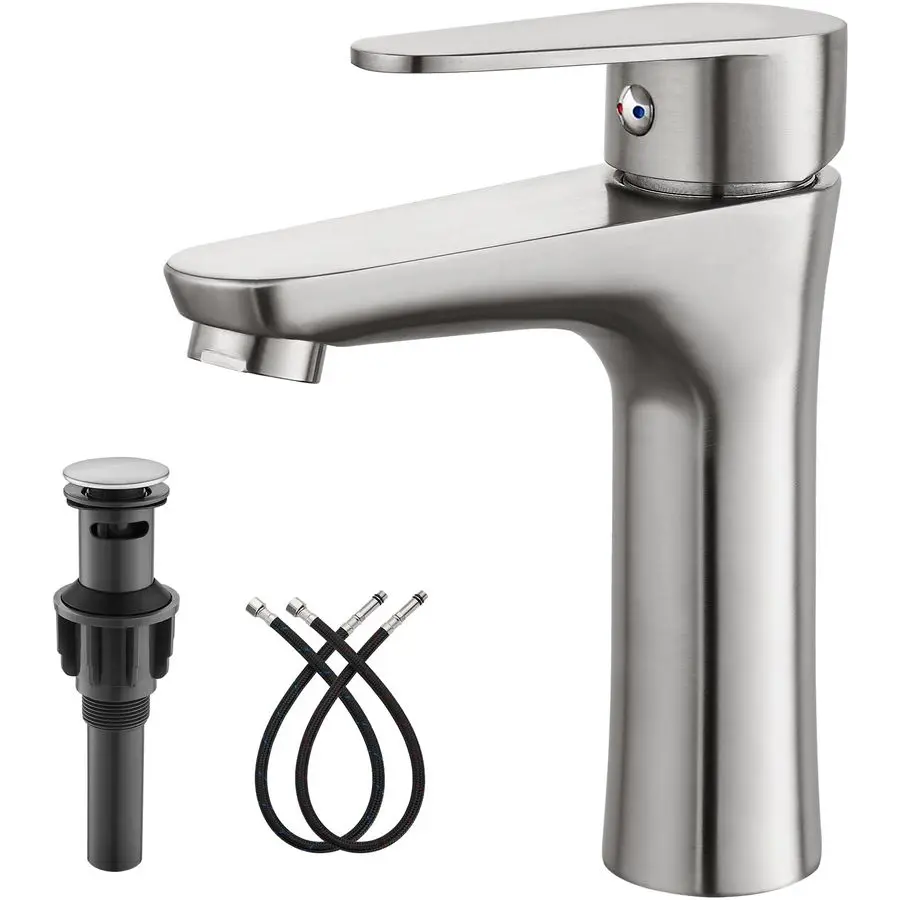 

Bathroom Faucet Single Handle 1 Hole SUS304 Stainless Steel Deck Mount Lavatory Single Switch Basin Sink Faucet with Pop Up Drai