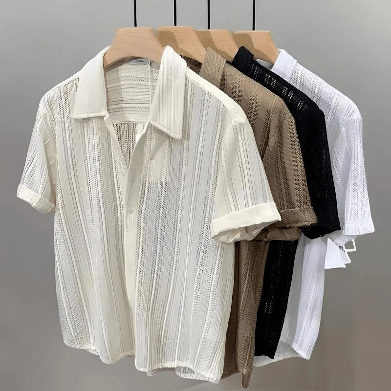 New High-end Hollow Lapel Short-sleeved Men's Shirt Summer Thin Loose Shirt Men's Casual Top Temperament Fashion Individuality