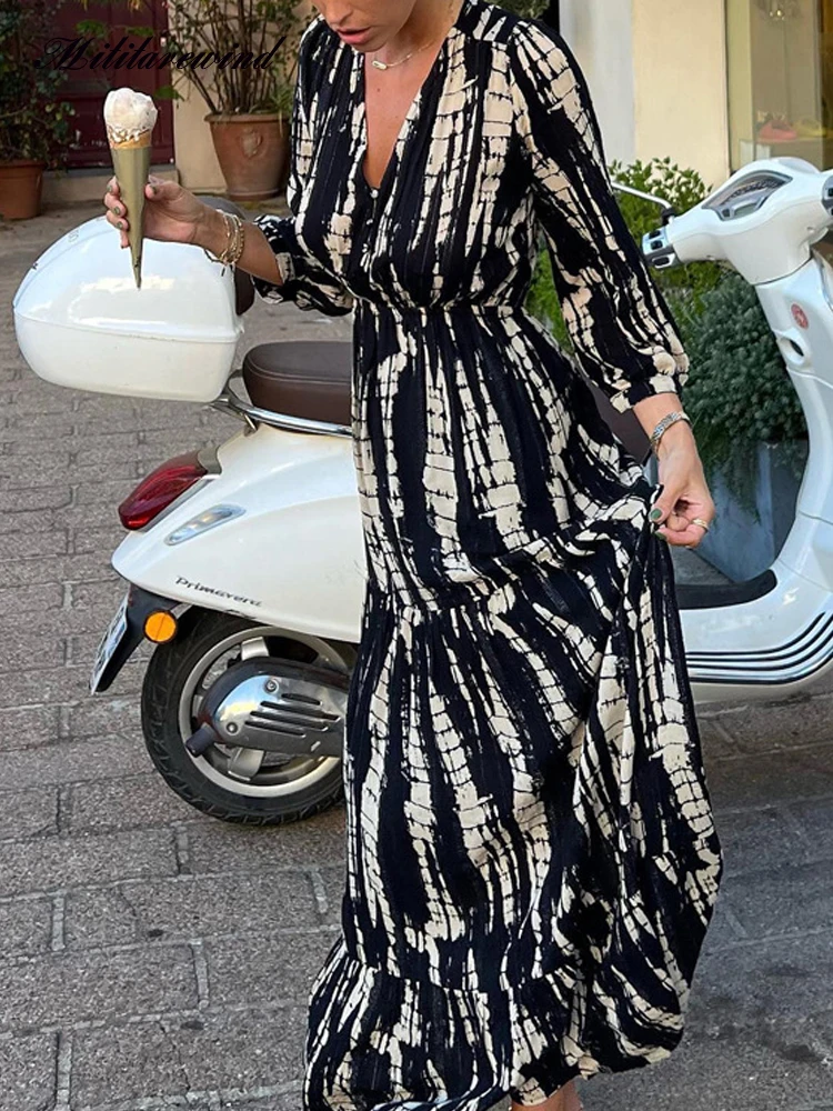 

Spring Summer Long Dress Women Sexy Backless V-neck Wrist Sleeve Lady Elegant Dresses Holiday Beach Wear Drawstring Print Dress