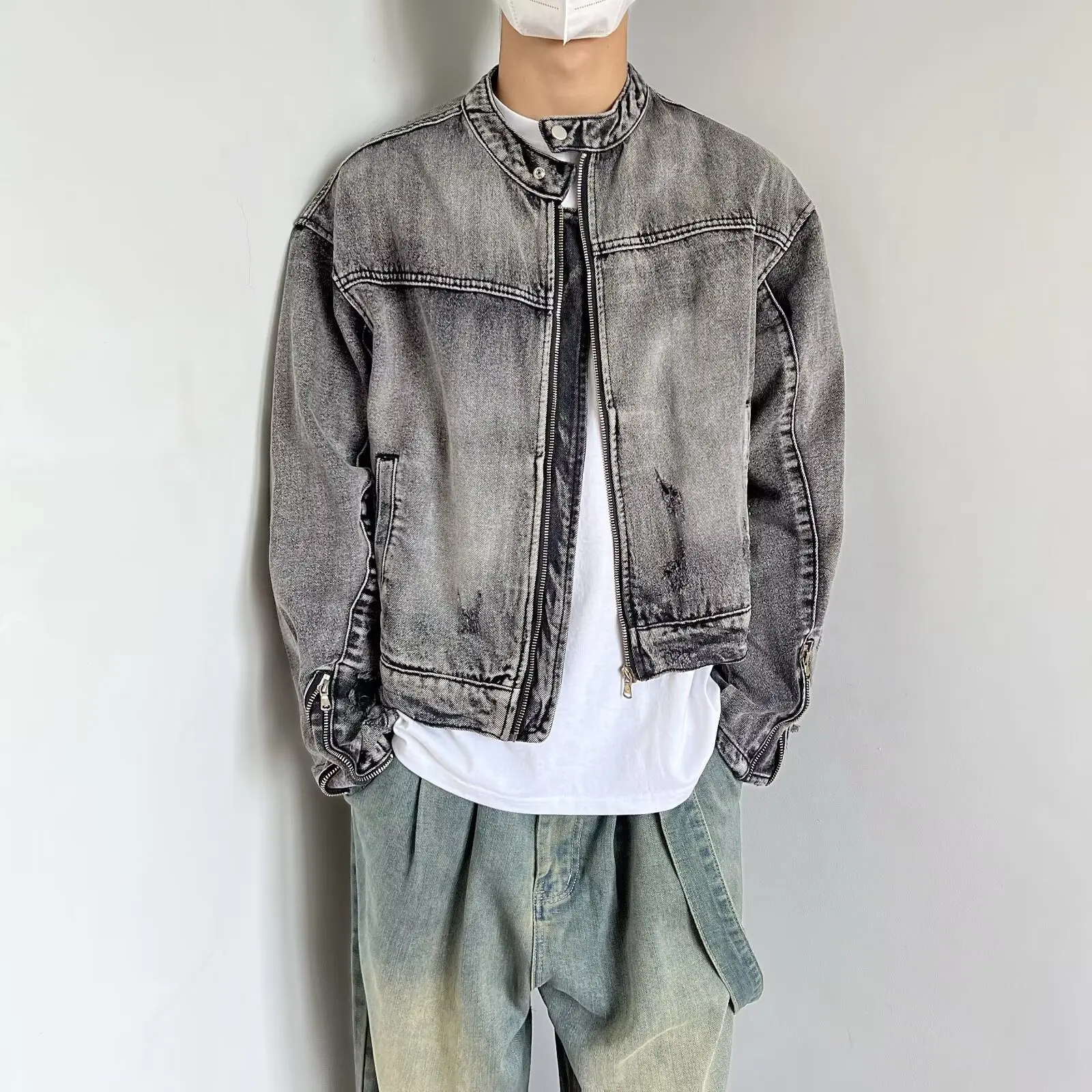 Locomotive Style Jacket Men's Washed And Worn Short Denim Jacket Collarless Zipper Spring And Autumn Long Sleeves