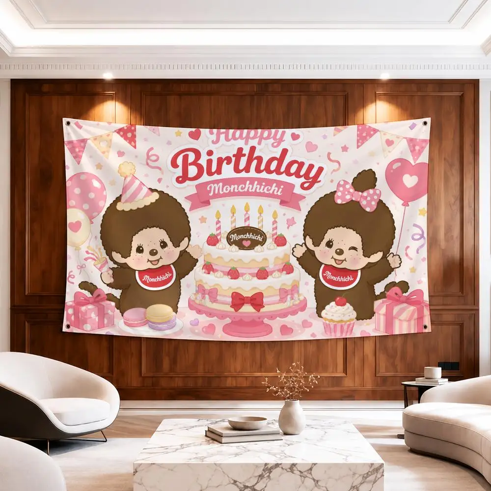 Character Monchhichi Flags Modern Fabric Banner Pennants Apt Living Room Photo Corner Wall Ornament Deco