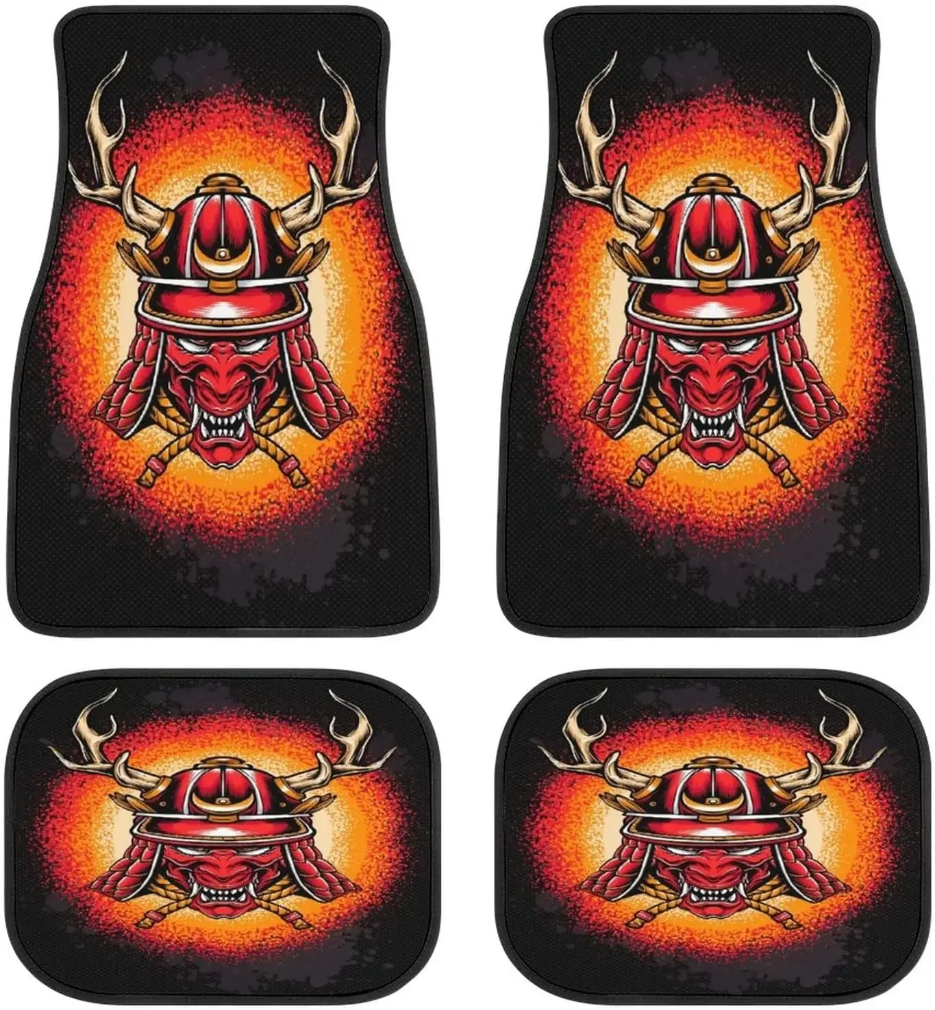 Samurai Devil Mask Car Mats Universal Drive Seat Carpet Vehicle Interior Protector Mats Funny Designs All-Weather Mats Fit Most