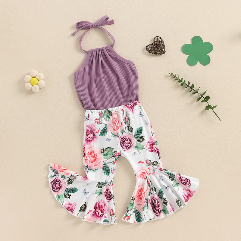 Baby Girl Clothes Rib Knit Romper Floral Flare Pants Set Cute 2Pc Infant Girls Summer Outfits 0 6 12 18 24 Months