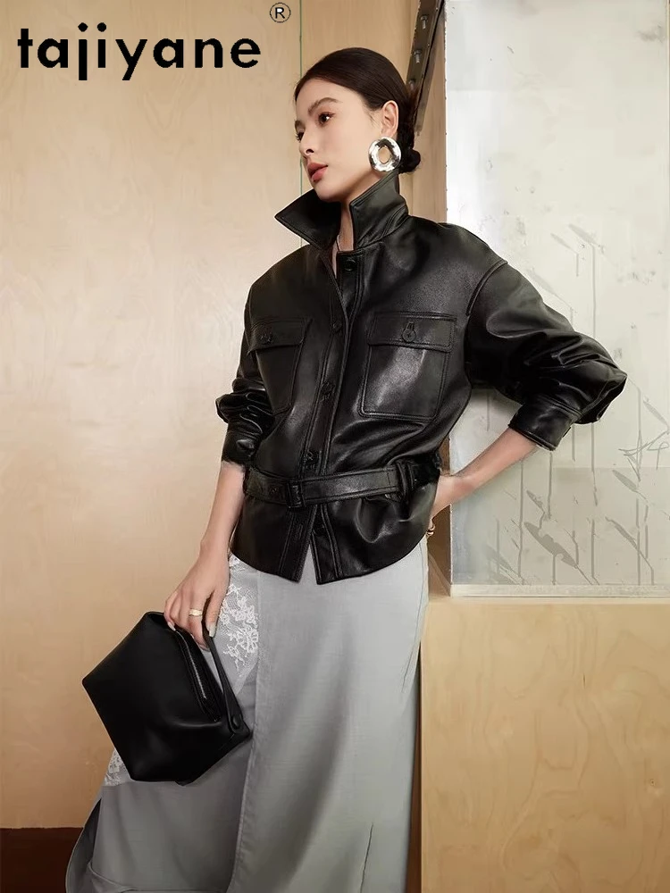 TAJIYANE Echte Olie Wax Schapenvacht Jas Vrouw Korte Riem Jas Hoge Kwaliteit Echt Lederen Jassen 2025 Herfst Vrouwen Kleding 12.12