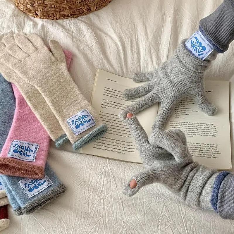 Gants chauds bouclés avec étiquette mi-longue coréenne pour femmes, gants tricotés à cinq doigts pour écran tactile Dopamine, blocage de couleur