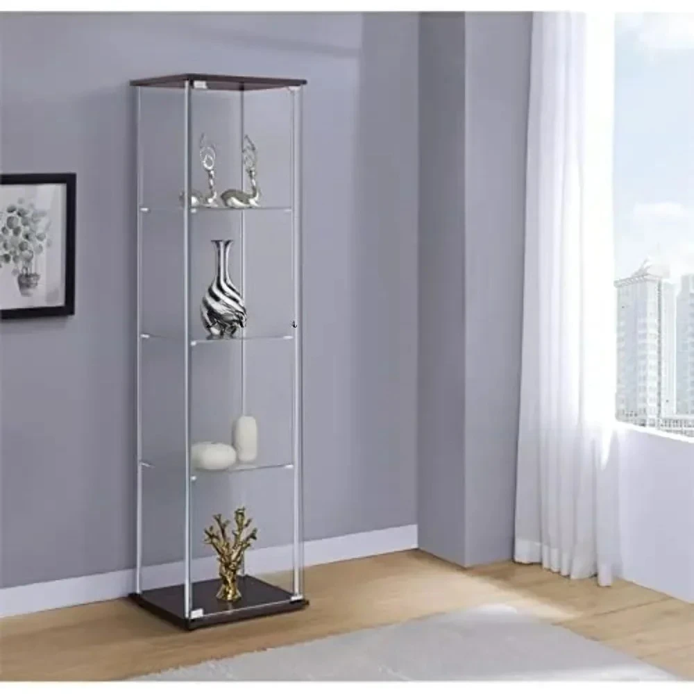 

*Living Room Displays Cabinets, With Chrome Support Beams And Cappuccino Brown , 4 Shelf Glass Display Case Cabinet
